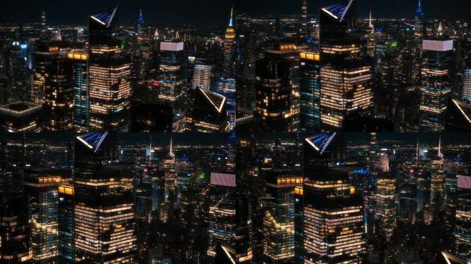 美国纽约市哈德逊广场30号摩天大楼的鸟瞰全景。航拍镜头与现代摩天大楼的观景阳台，让旅客享受全景城市景