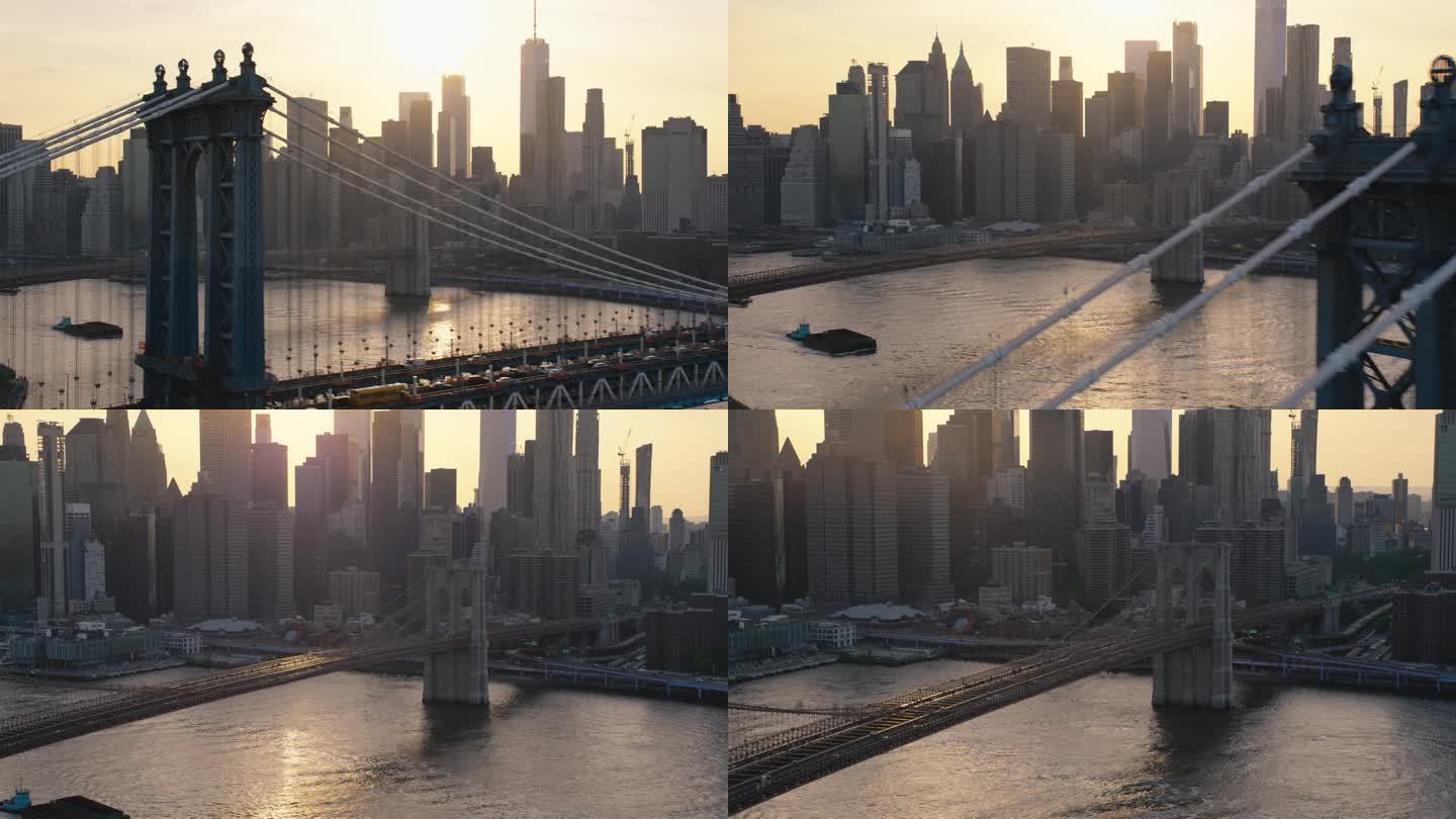 直升机游览纽约市建筑。近距离飞越曼哈顿大桥。办公大楼和摩天大楼的全景在一个温暖的傍晚阳光