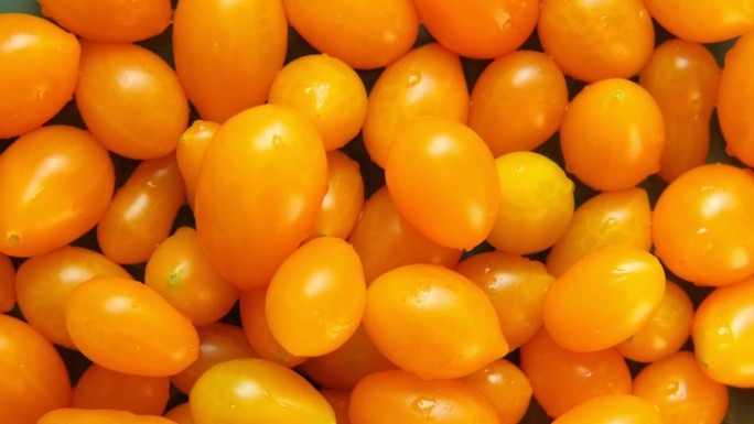黄梨番茄背景。蔬菜市场，农业有机农场。新鲜湿润的泪滴状西红柿近距离旋转。营养，素食。健康饮食食材。旋