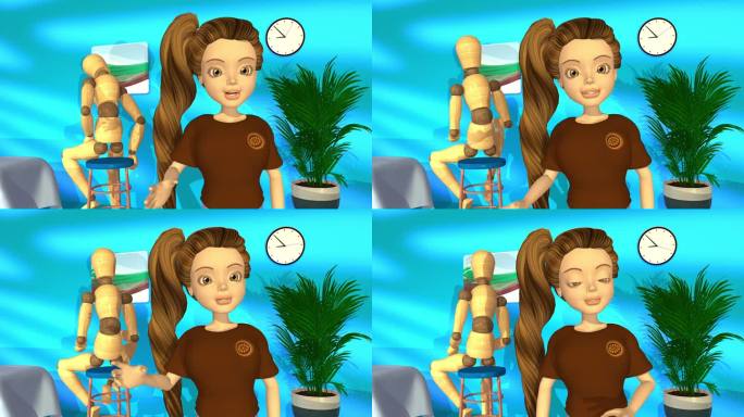 3d动画，一个卡通人物说话，一个木偶坐在挂在蓝色墙上的一幅画前