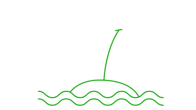 两棵棕榈树的动画线性图标与波浪的岛屿。绿色符号是逐渐绘制的。旅游、旅游、度假的概念。矢量插图隔离在白