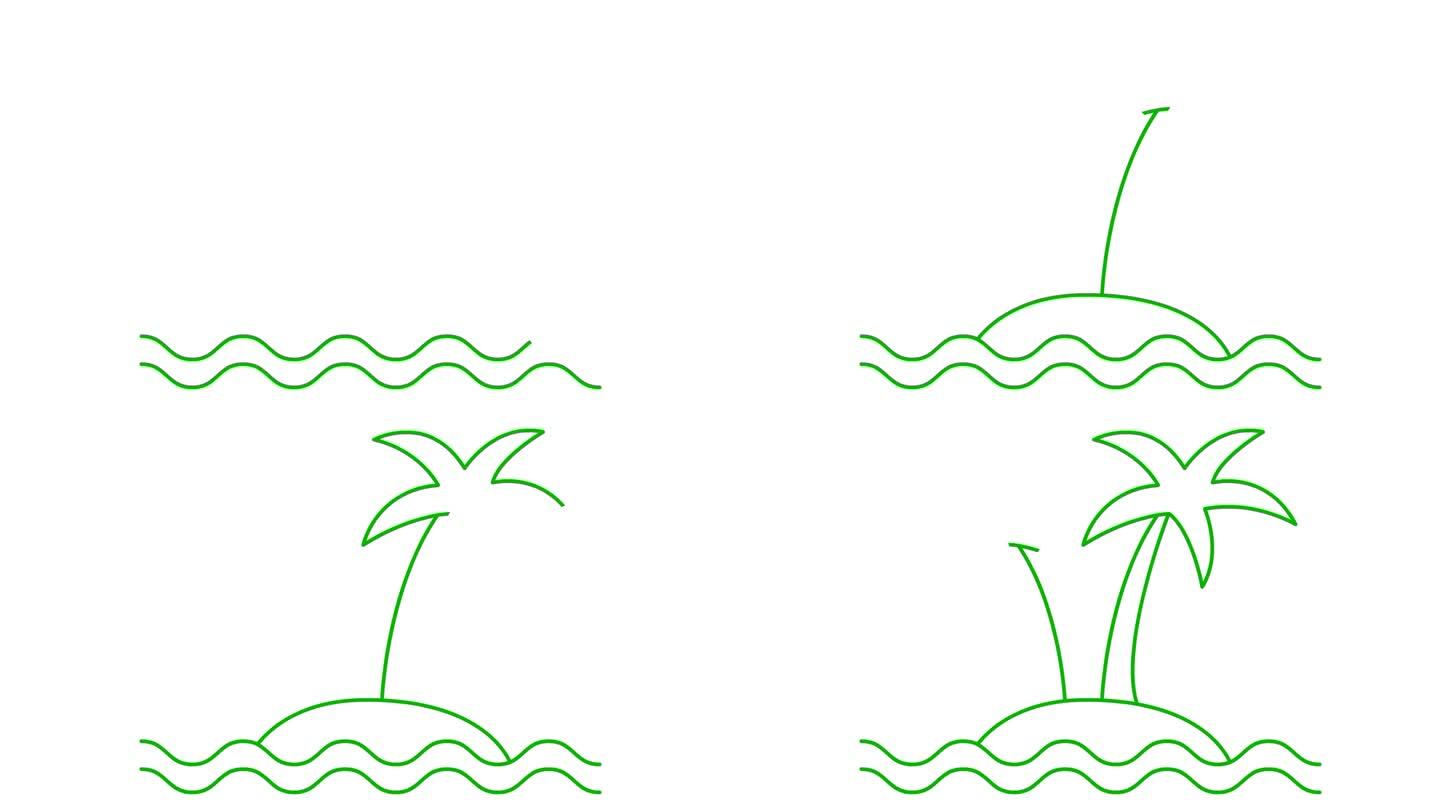 两棵棕榈树的动画线性图标与波浪的岛屿。绿色符号是逐渐绘制的。旅游、旅游、度假的概念。矢量插图隔离在白