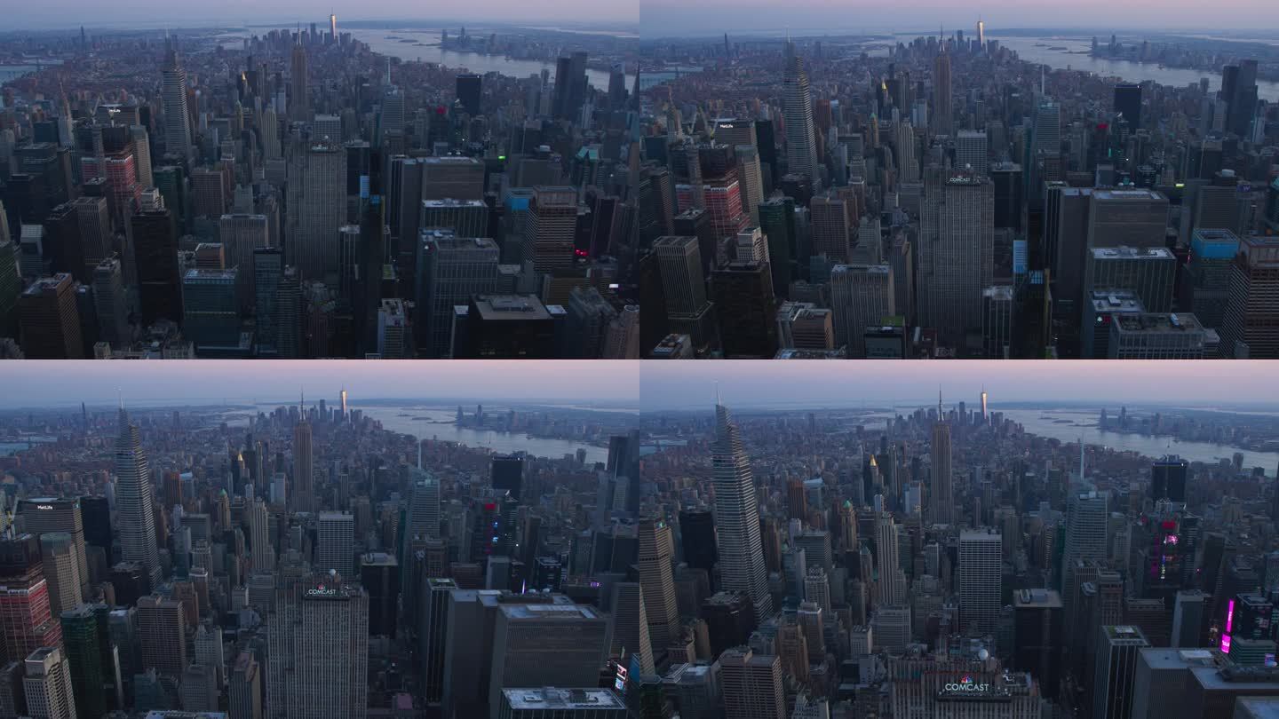 曼哈顿下城建筑鸟瞰图。从直升机上拍摄帝国大厦和华尔街商业区的全景镜头。纽约市历史悠久的办公大楼的风景