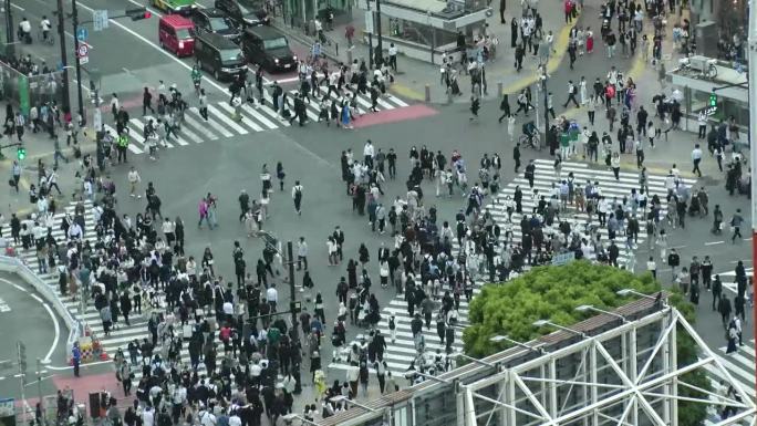 东京，日本:涩谷十字路口的航拍延时图。