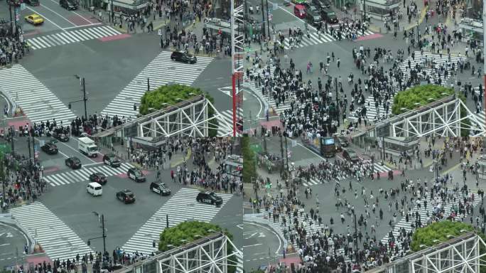 东京，日本:涩谷十字路口的航拍延时图。
