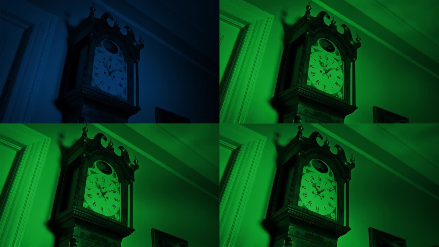 不明飞行物用绿光照亮走廊和时钟