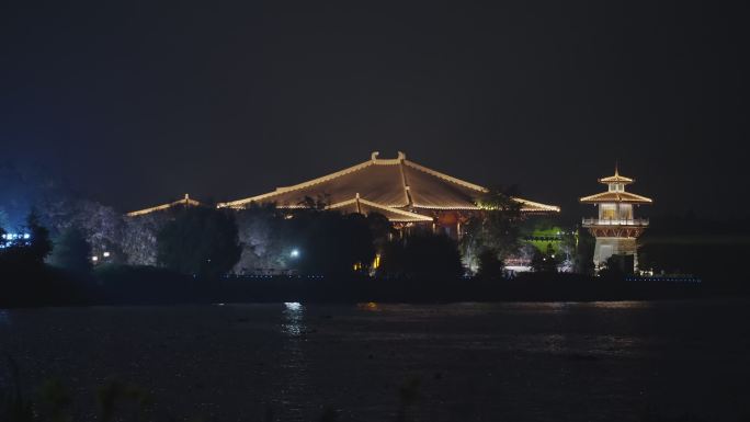 航拍上海石荡湖镇浦江之首公园夜景
