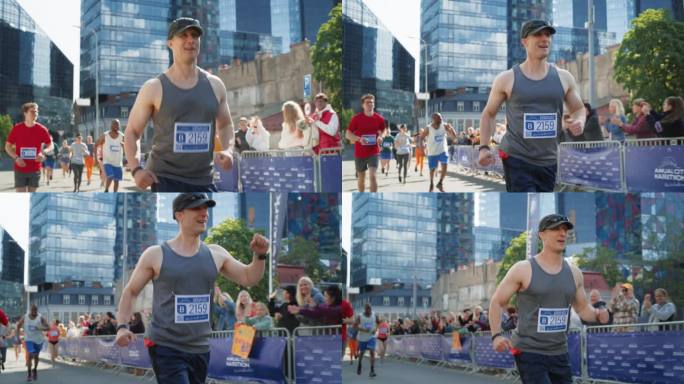 慢动作的肖像，一个健康的活跃的人跑在一个城市马拉松，向支持的观众挥手。友好快乐的男性跑步者参加慈善跑