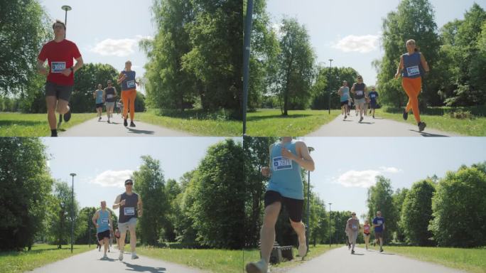 多莉拍摄:一群人一起参加马拉松和通过公园小径跑步的肖像。慢跑者在友好比赛中尽最大努力到达终点线