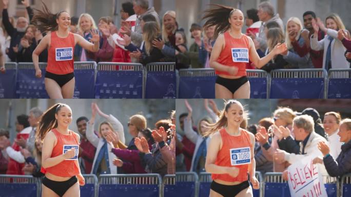 一个女人在公园里跑马拉松的慢动作肖像。强壮的女性慢跑者与其他跑步者争夺终点线的第一名