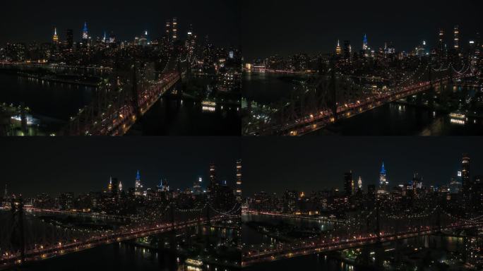 傍晚的纽约市东河景观，上东区摩天大楼和埃德·科赫·昆斯伯勒大桥。电影夜天际线与曼哈顿城市景观与办公大