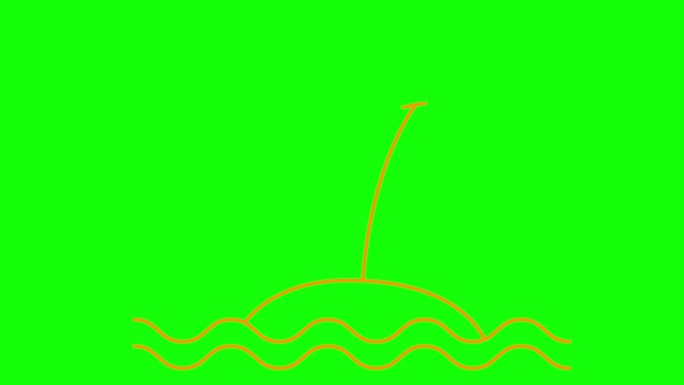 两棵棕榈树的动画线性图标与波浪的岛屿。橙色符号是逐渐绘制的。旅游、旅游、度假的概念。矢量插图隔离在绿