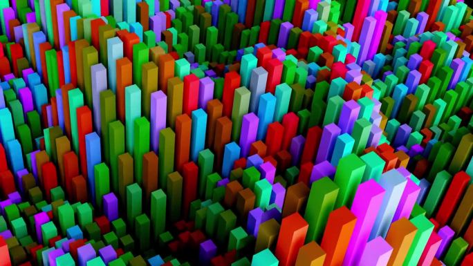 抽象的彩色盒子形成波浪。抽象运动，循环，3d渲染，4k。无缝循环可视化的音乐视频。声波图技术背景