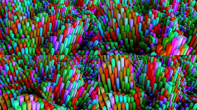 抽象的彩色盒子形成波浪。抽象运动，循环，3d渲染，4k。无缝循环可视化的音乐视频。声波图技术背景