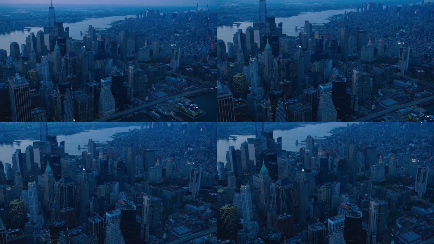 从空中俯瞰纽约下城的曼哈顿建筑。从直升机上俯瞰华尔街金融区全景。城市景观与办公大楼和摩天大楼