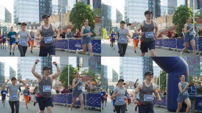 一个微笑着参加城市马拉松的中年男子，向支持他的观众挥手的慢镜头。友好快乐的男运动员庆祝在比赛中越过终