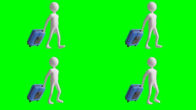 一个卡通人带着手推车和旅行袋走路的3D动画视频