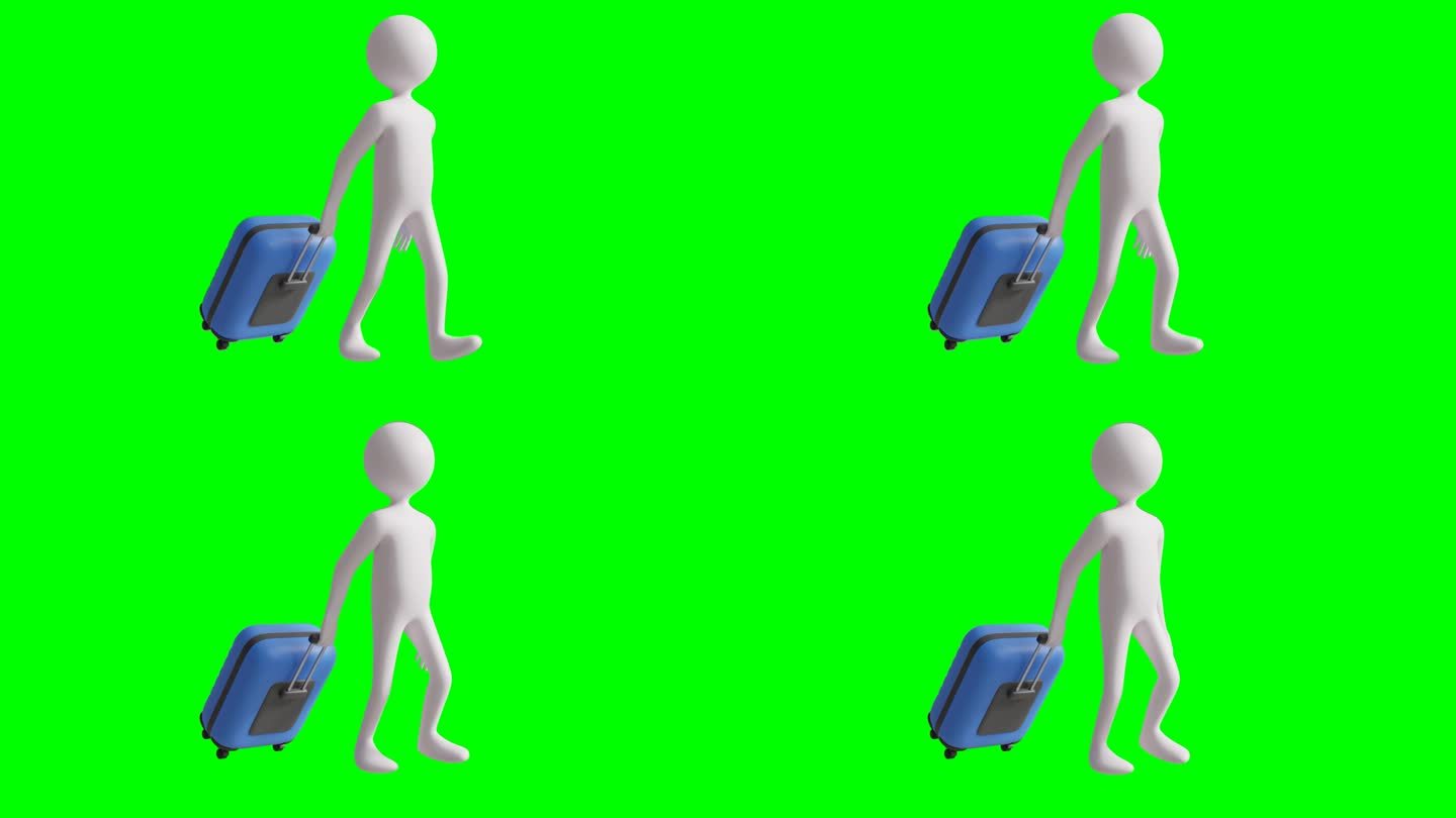 一个卡通人带着手推车和旅行袋走路的3D动画视频