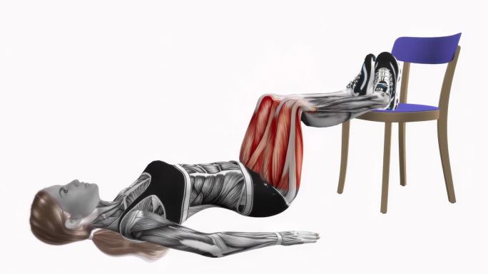 椅子青蛙脚抬高臀肌桥体重健身运动锻炼动画女性肌肉突出演示4K分辨率60 fps