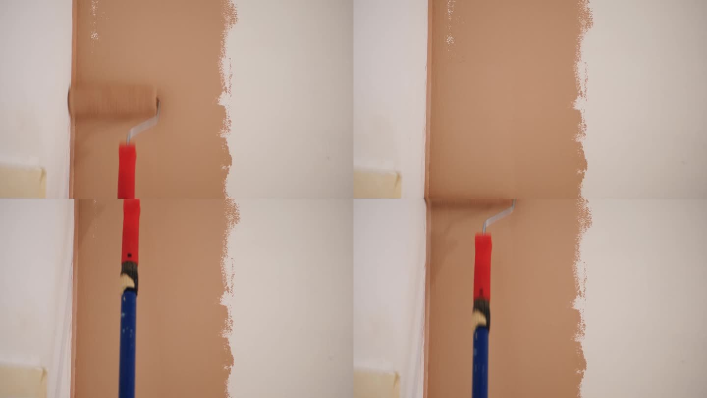 墙画。水性漆。辊绘画。修复。特写镜头。用油漆滚筒把白墙刷成粉红色。对公寓、房间、房子、公寓进行装修。