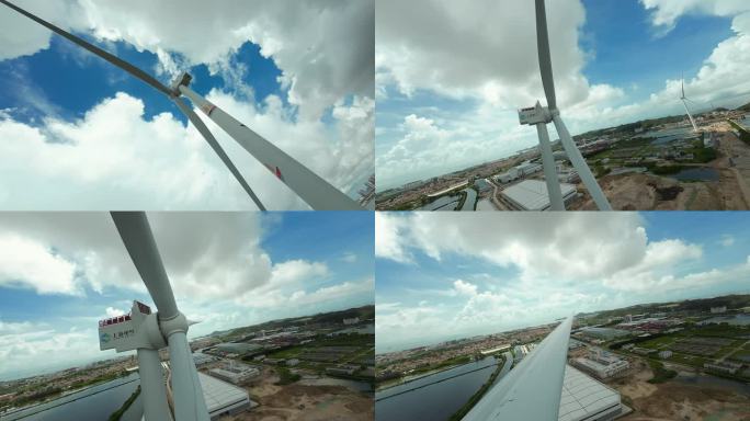 航拍穿越机拍摄风力发电机