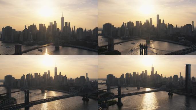城市日落风光与东河，曼哈顿和布鲁克林大桥，历史和现代纽约市摩天大楼。空中鸟瞰一个受欢迎的美国旅游和商