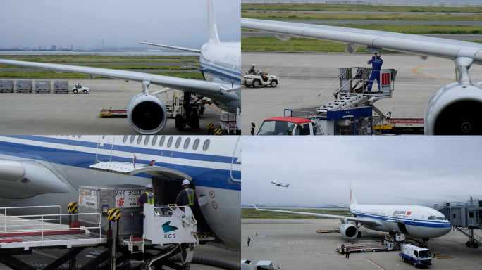 客机停靠在机场装卸货物，检修，加油