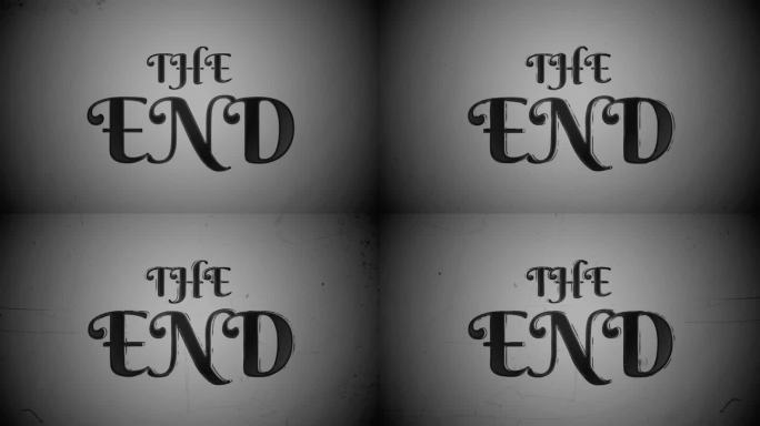 复古文本动画-结束。一个从默片时代重新创建的电影框架，显示一个字幕文本-结束。