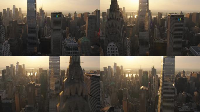 纽约的直升机鸟瞰图。无人机拍摄的曼哈顿下城历史摩天大楼映照出一座现代办公大楼。国际旅游和商业中心的城