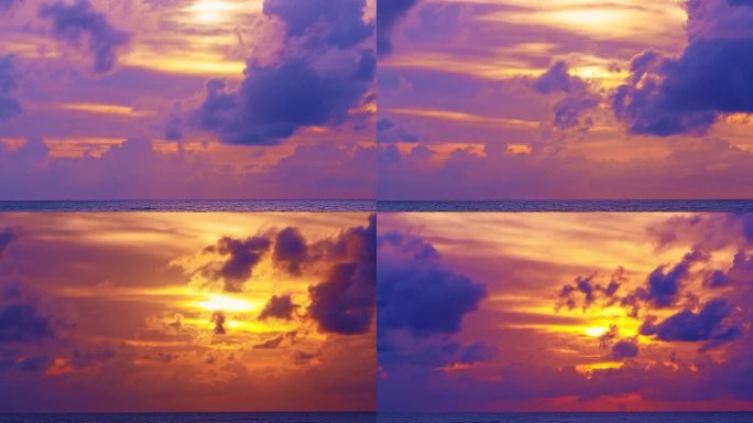 美丽的4K延时壮丽的日出天空在海上景观，自然云景海滩天空和云移动滚动的惊人光，彩色日落或日出云延时背