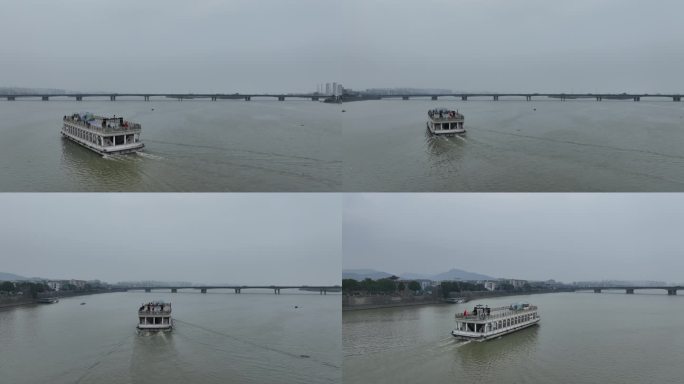 航拍襄阳汉江河流航运轮船游轮船舶水上交通