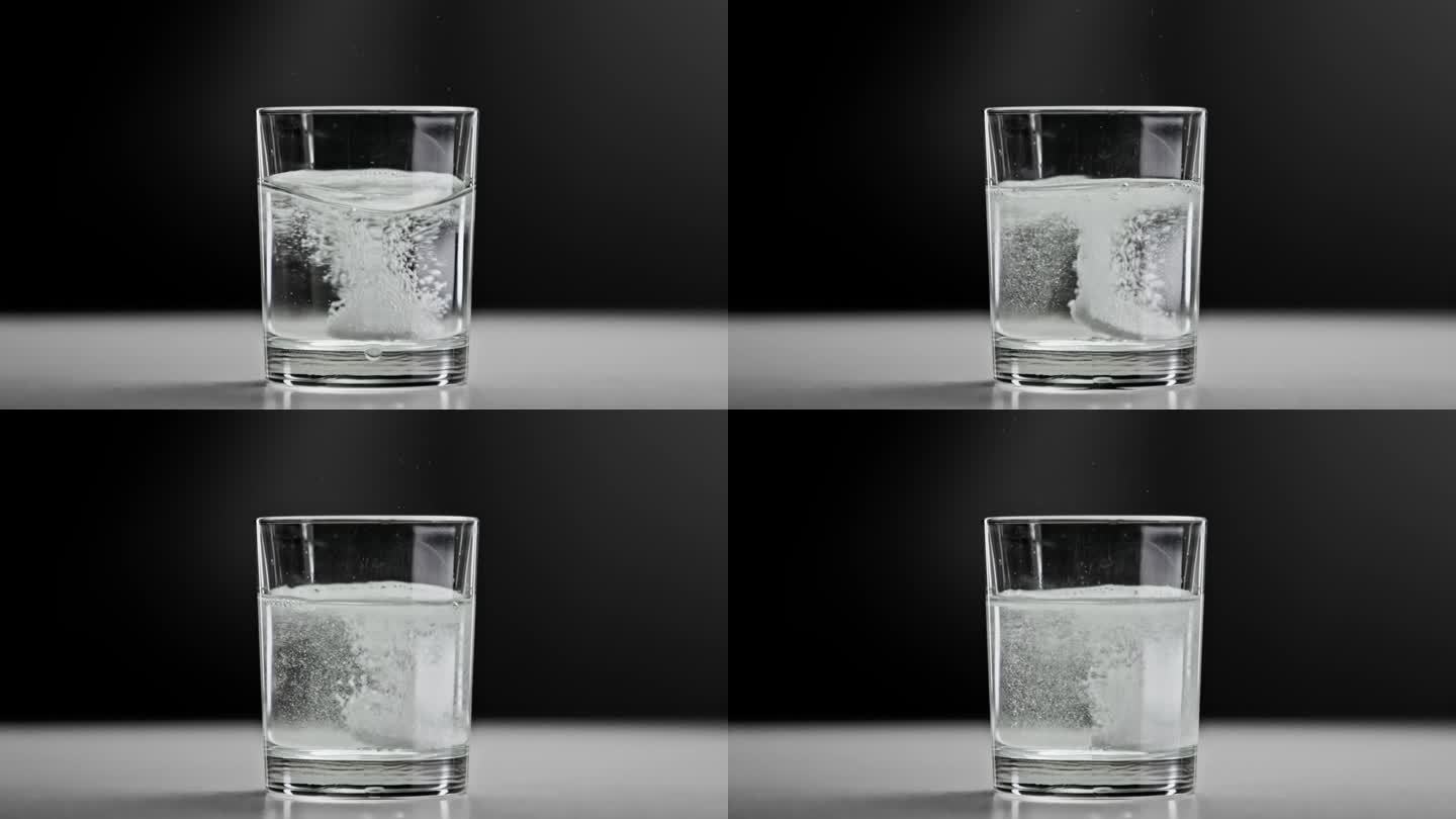 泡腾片落入玻璃杯中的淡水(特写)。在演播室拍摄的宏观上制作运动生活方式的健康饮料。服用药丸和悬浮液缓