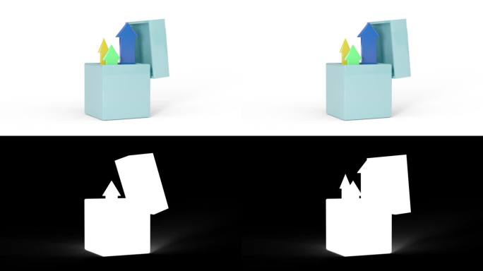 三维动画卡通堆叠图。打开盒子，箭就从里面飞了出来。创业或新想法概念。
