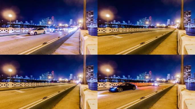 时间流逝-迈阿密天际线大桥上的交通在晚上