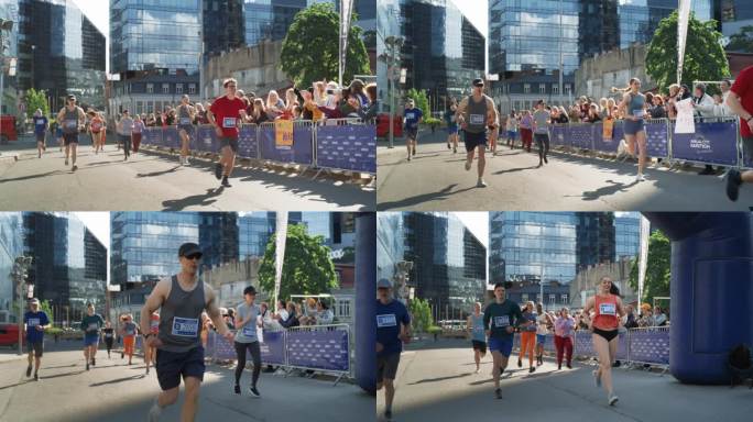 一群不同的人在城市马拉松比赛中竞争的慢动作跟踪镜头。观众中的家人和朋友热情地欢呼并支持他们所爱的人