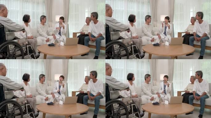 年轻的亚洲医生向一群老年人讲解药物管理。
