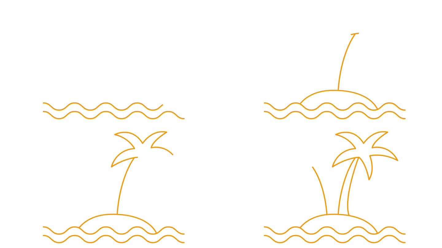 两棵棕榈树的动画线性图标与波浪的岛屿。橙色符号是逐渐绘制的。旅游、旅游、度假的概念。矢量插图隔离在白