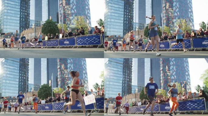 不同人群白天在城市跑马拉松的慢动作。家人和朋友支持和欢呼男女选手竞争到达终点线