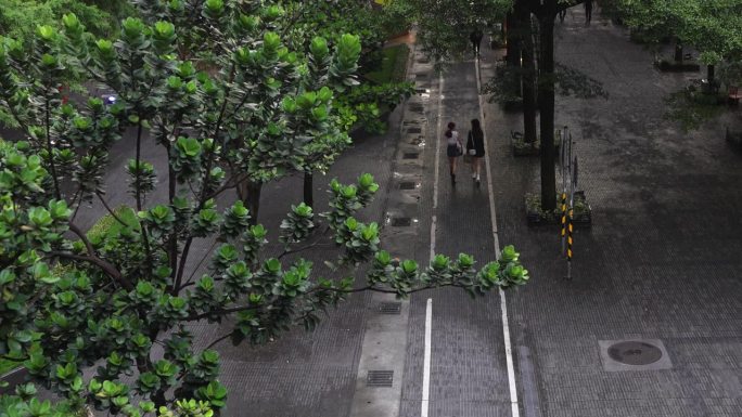 人们在城市中行走的镜头，从上面看。