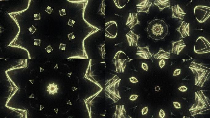 发光的万花筒背景，迷幻的万花筒序列图案，花曼陀罗，改变几何形状变形形式