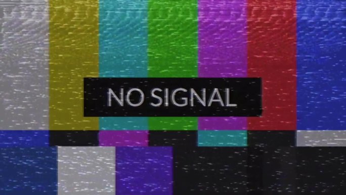没有信号。旧CRT电视显色测试与文本-无信号。SMPTE彩色条与VHS效果。SMPTE彩色条纹技术问