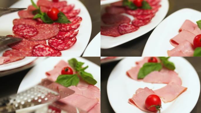 度假时宾馆或饭店的自助餐台。切好的香肠和火腿放在白色盘子里。节日的概念，美味又营养的食物。