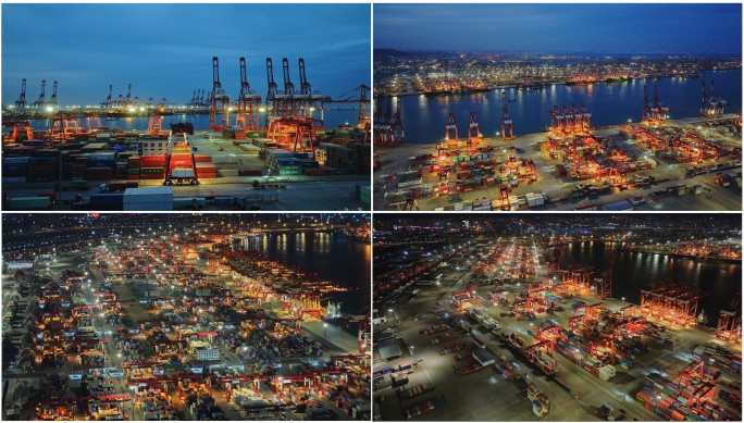 青岛港港口码头集装箱物流货运夜景航拍