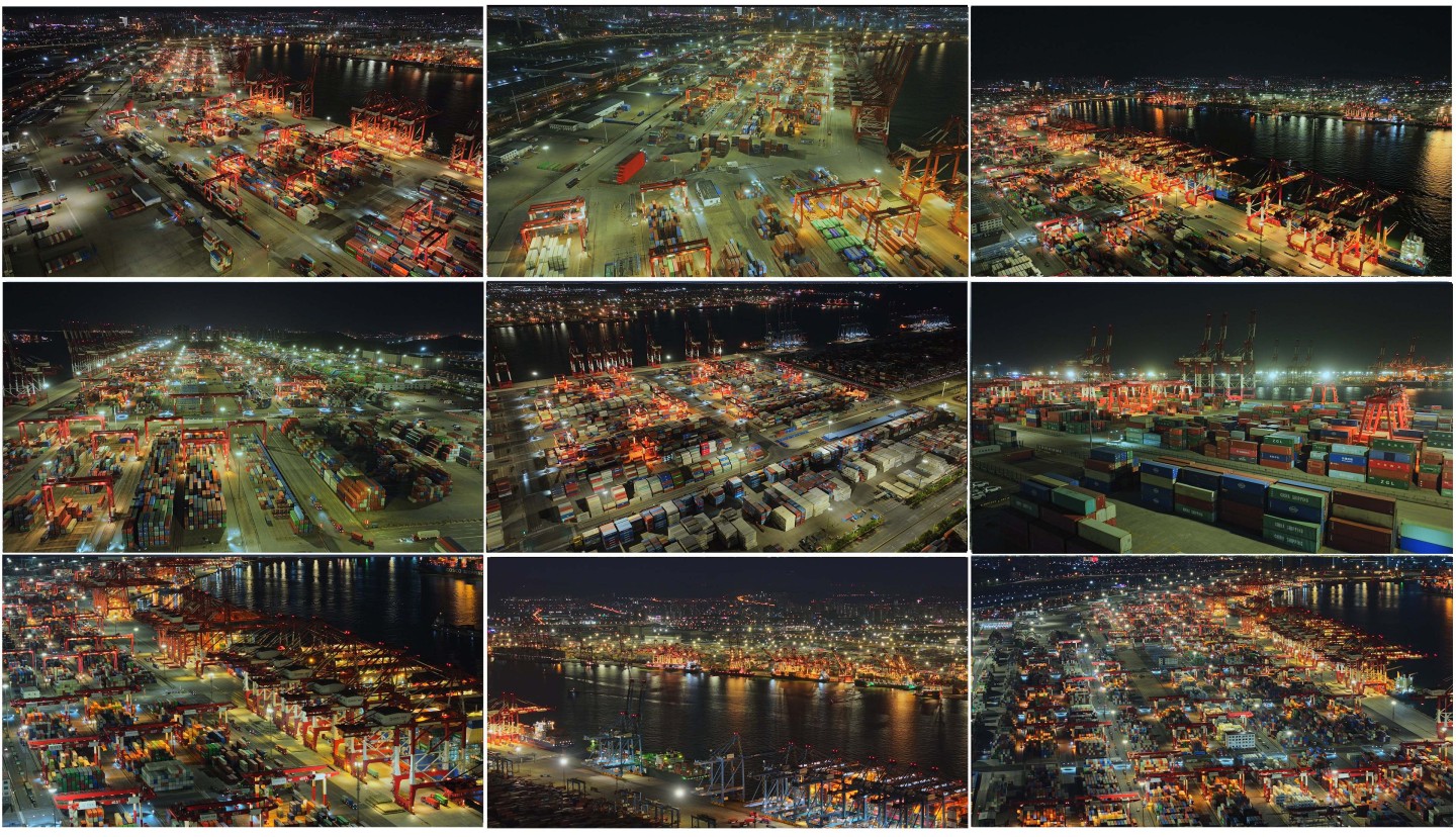 青岛港港口码头集装箱物流货运夜景航拍
