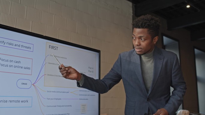 黑人男性商业分析师在办公室展示战略图表