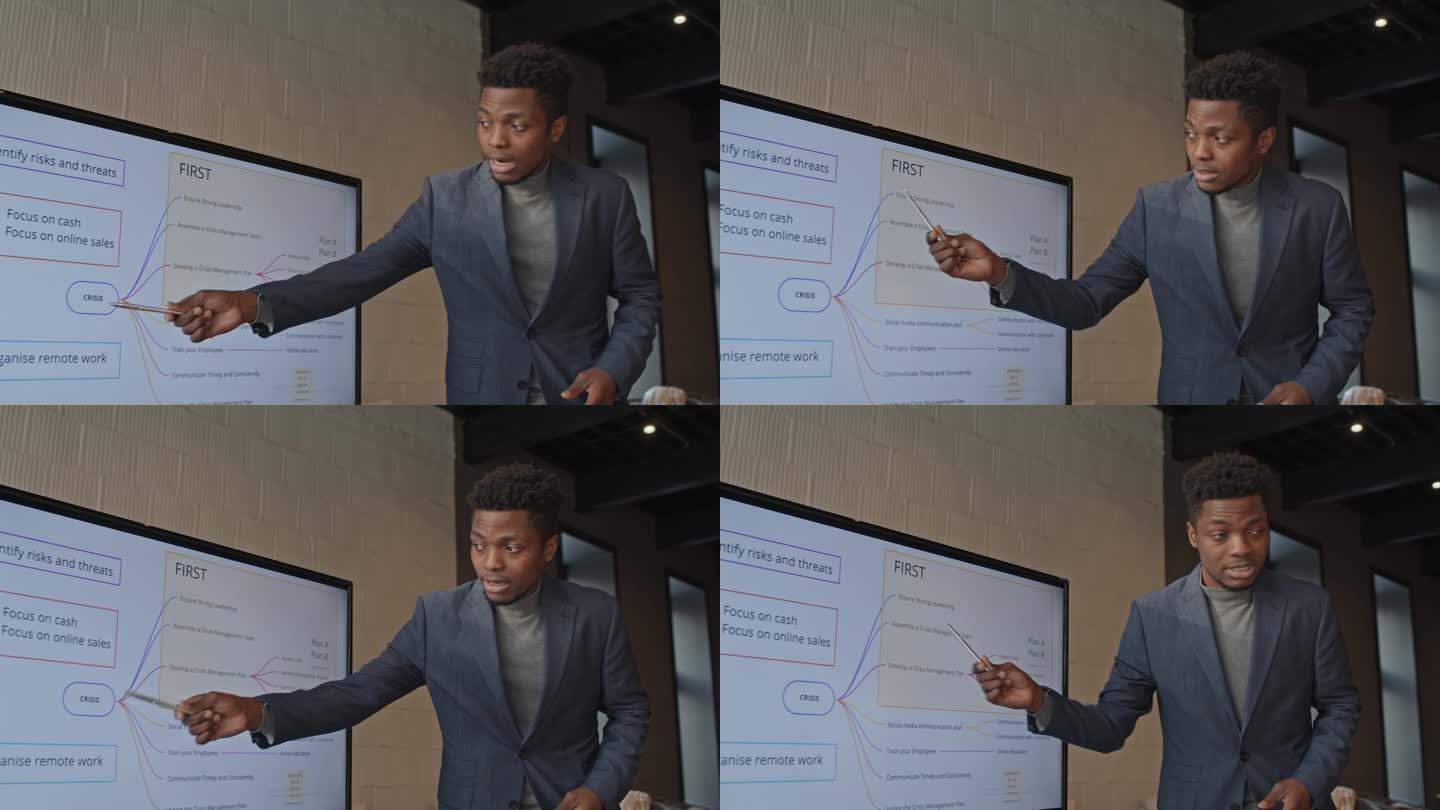 黑人男性商业分析师在办公室展示战略图表