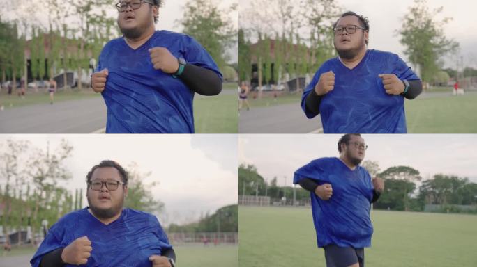 一个胸部和腹部都很松弛的亚洲人，在足球场上拼命跑步，直到头带从他的头上掉下来。
