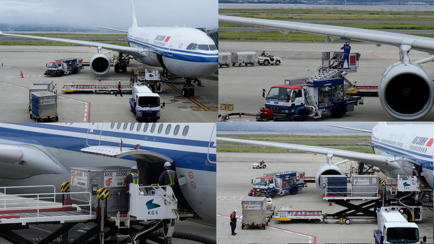 国际客机在大阪机场装卸货物，加油，检修