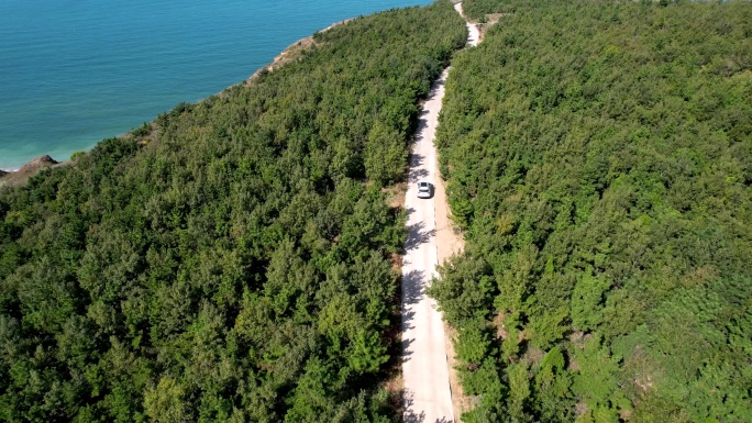 森林穿梭自驾海边汽车行驶航拍4k