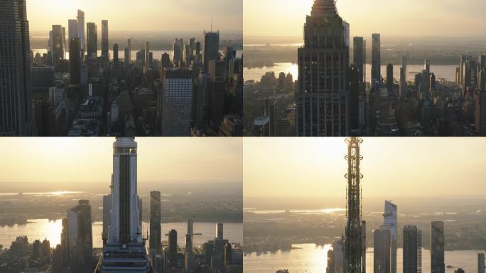 曼哈顿下东区日落景色的航拍镜头。帝国大厦塔尖特写，游客在观景台和观景台上欣赏城市全景